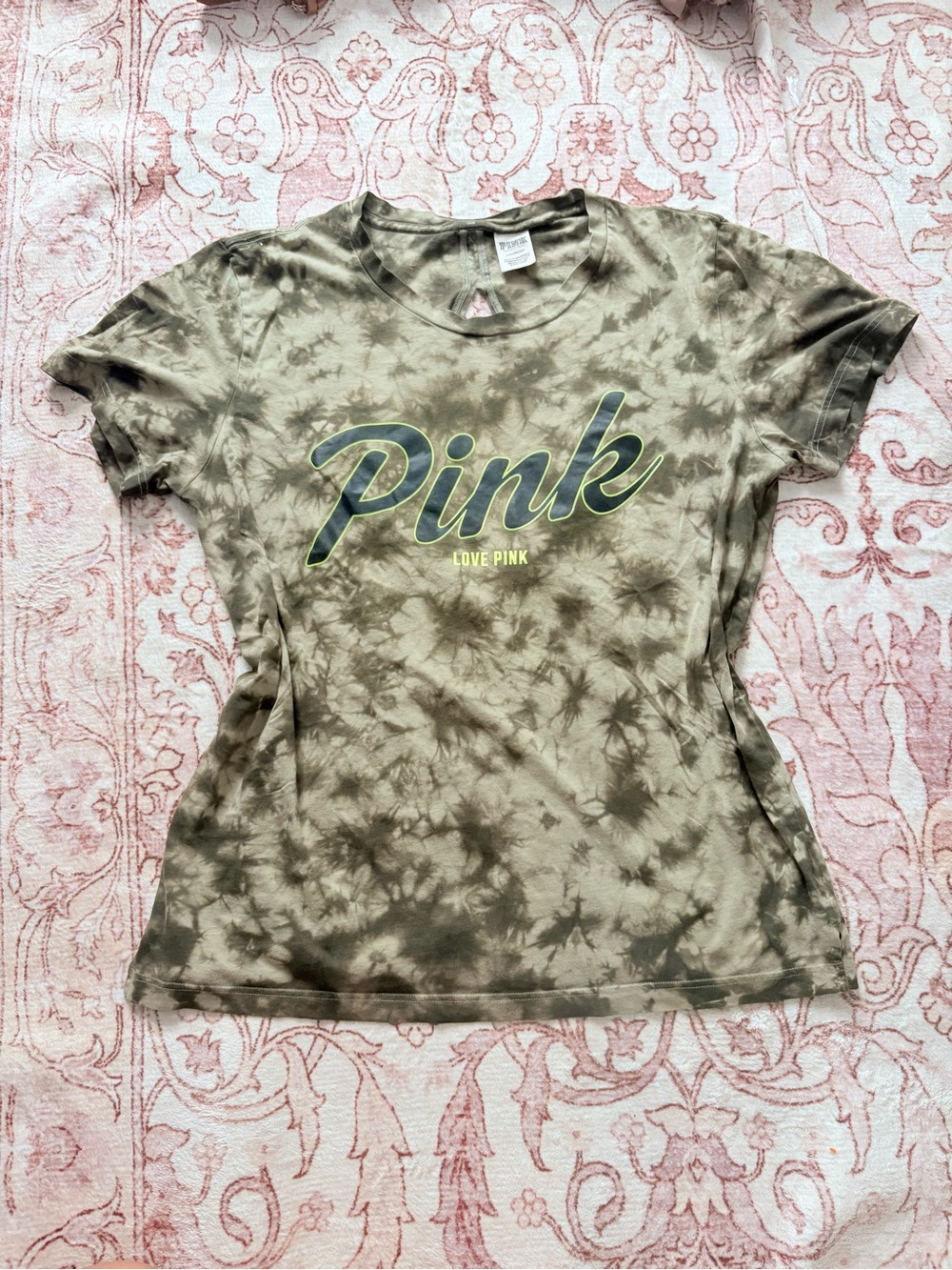 PINK Victoria's Secret Olive Tie-Dye Logo Tee